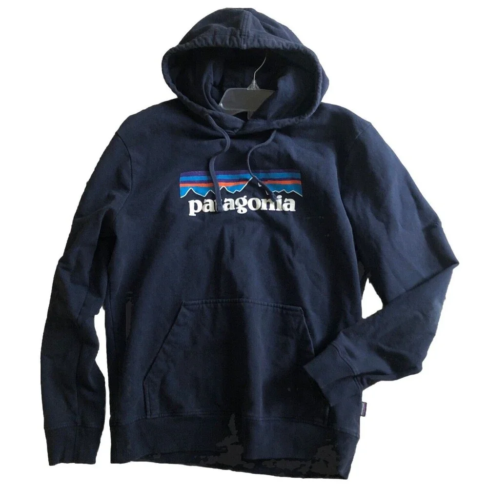 Patagonia P-6 Logo Uprisal Hoodie Sweatshirt Sz M Navy Blue Fitz Roy Thrashed